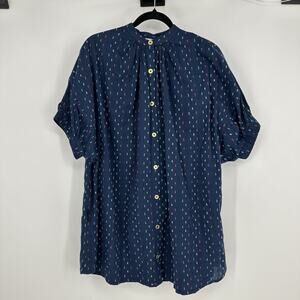 Never A Wallflower Womens Puff Sleeve Tunic Top XS Navy Swith Dot Button Front